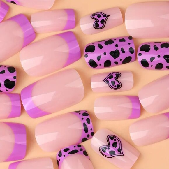 Nails Purple Cow Print Heart Press On 24 Fake Glam Trendy Reusable Leopard Fun - Picture 2 of 5